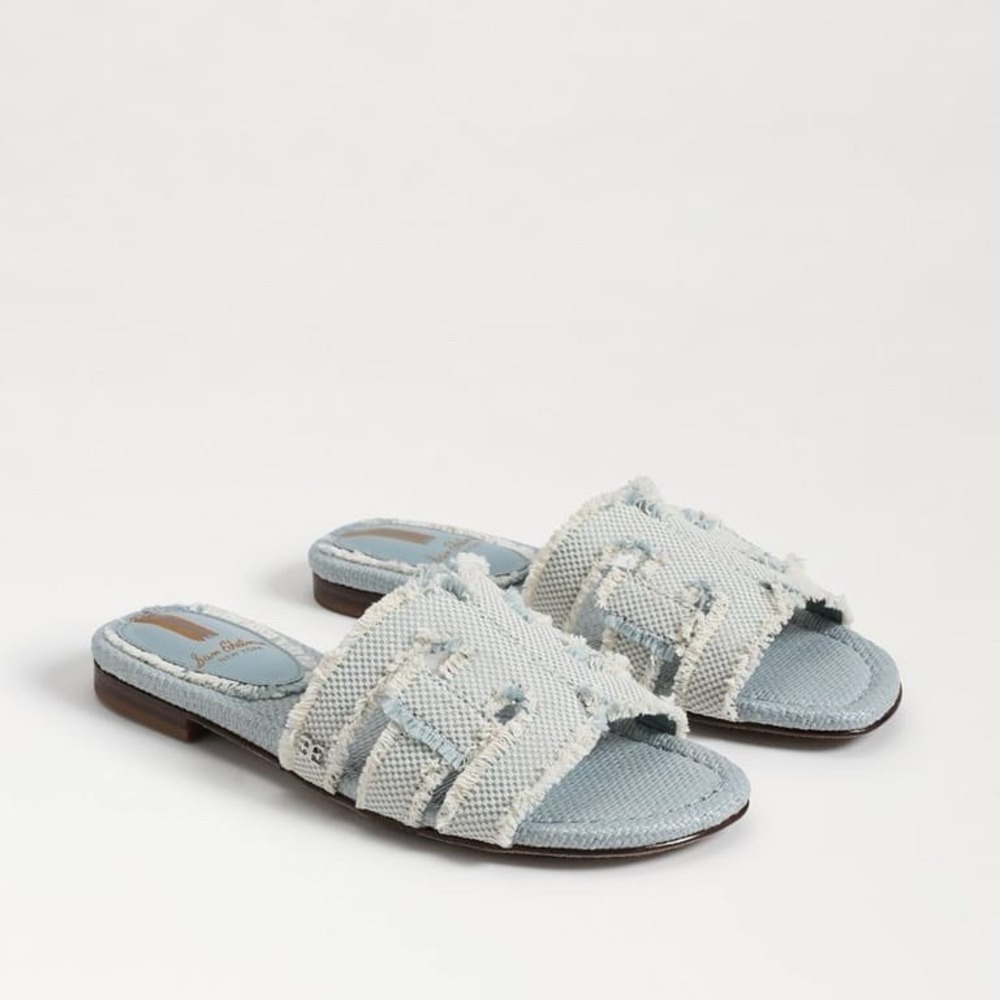 Sam Edelman Bay Fray Tweed Light Blue Slide Sandal Resort Vacation Coastal Chic
